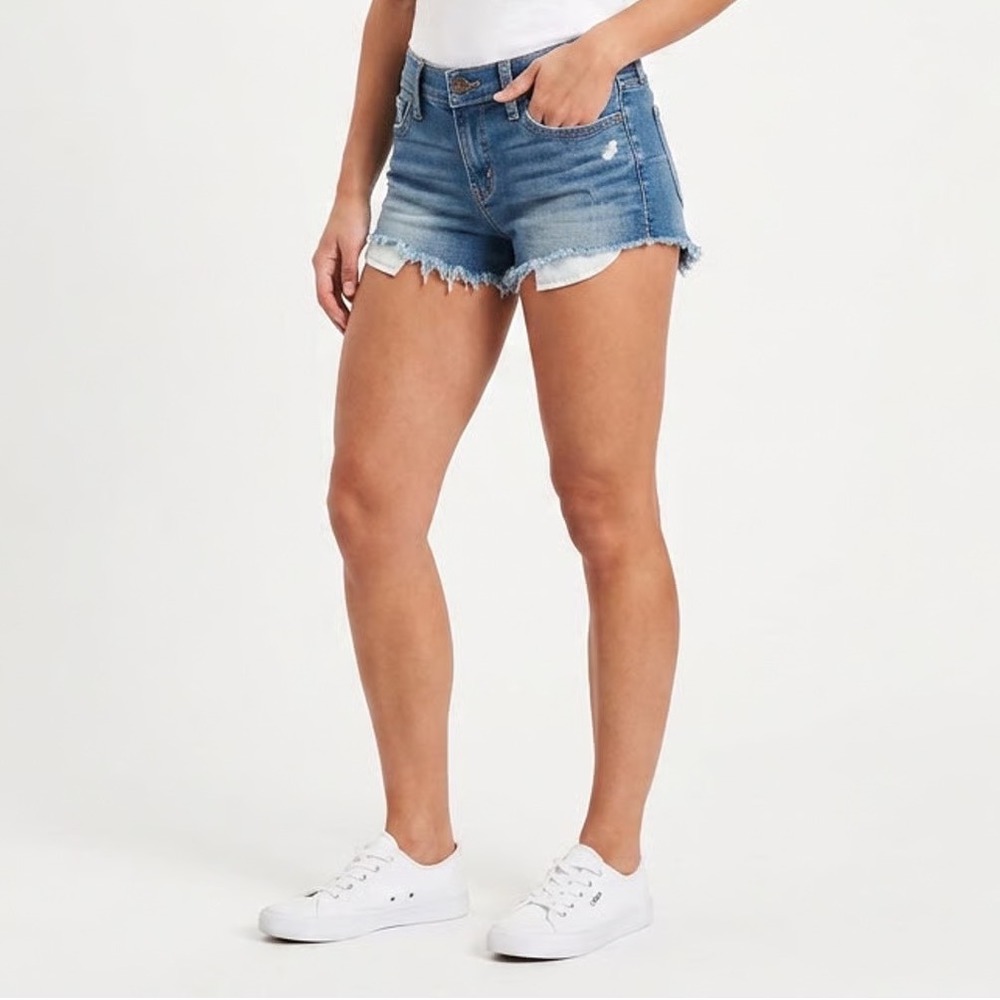 Hollister Low Rise Denim Short Shorts Medium Wash Raw Hem Size 0 W24